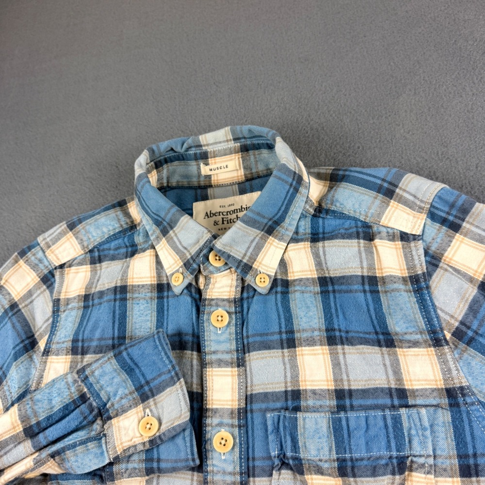 Abercrombie Fitch Flannel Shirt Mens M Blue Plaid Muscle Fit Y2K Vintage Outdoor